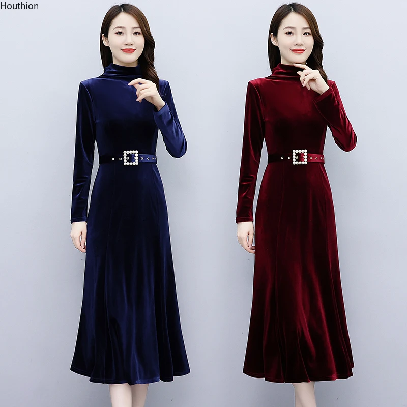 

New Women's Dresses O Collar Summer Female Clothing Type A Girl Long Sleeve Solid Color Velvet Fashion Loose