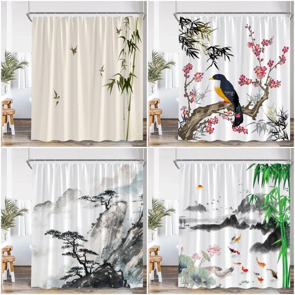 Китайская картина тушью занавески для душа бамбуковые горы вишневый цвет птицы