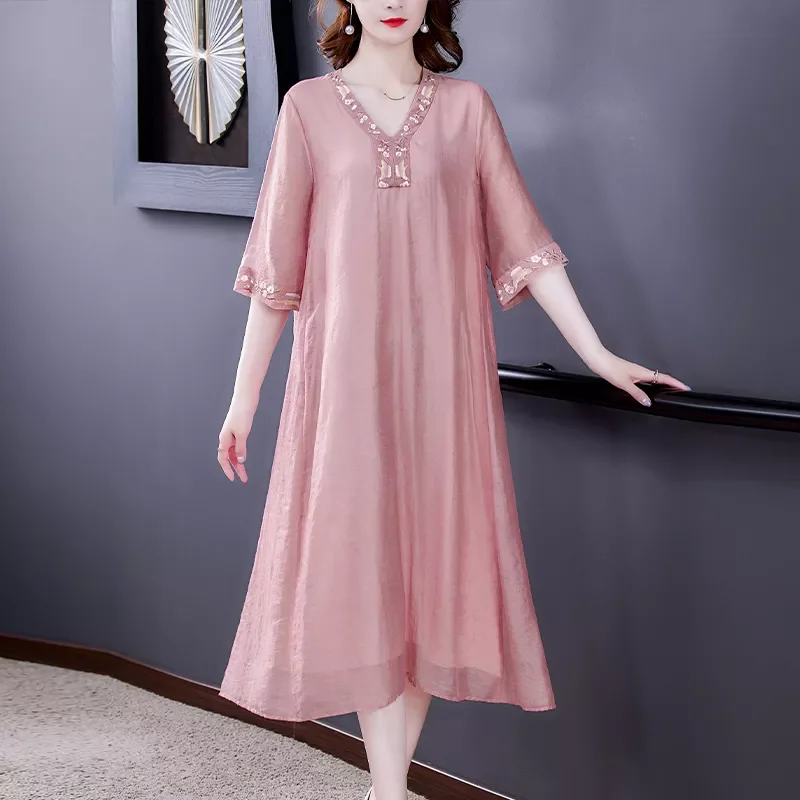 

2021 New Cotton Embroidery Loose Large Hem Women's Dress Simple Korean Stitching Three quarter Sleeve Women Clothes|Dresses