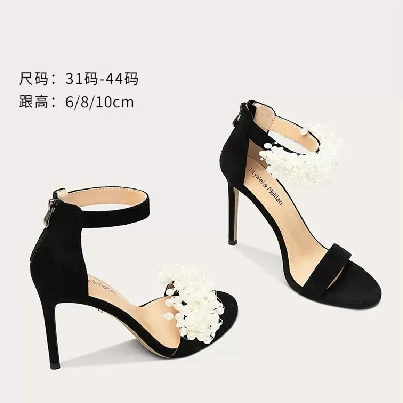 

Summer New Suede Pearl One Line Open Toe Sandals with Thin High Heels Banquet Dress Versatile Large and Small Women's Shoes