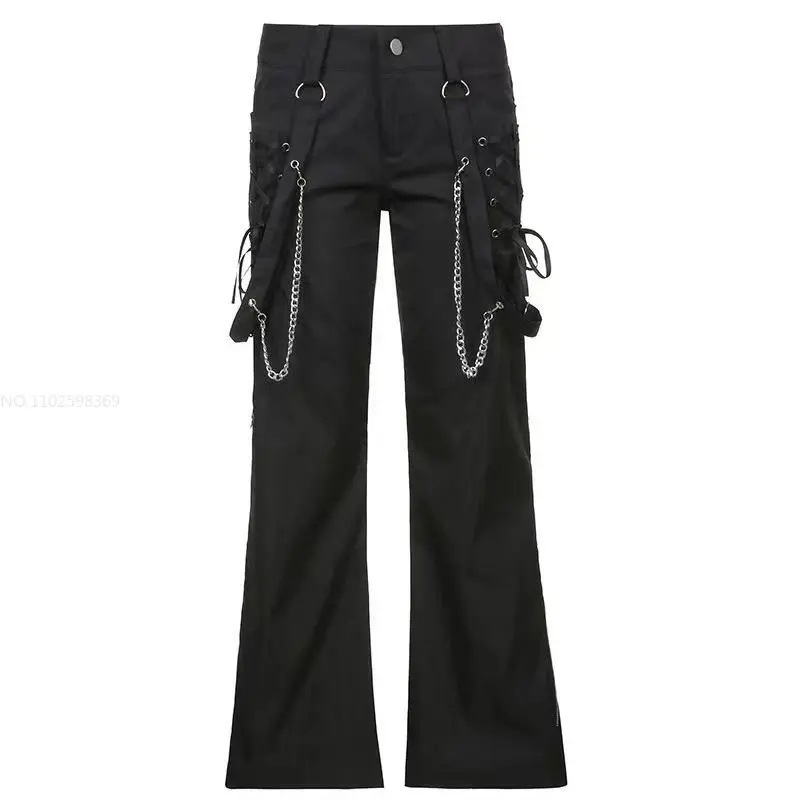 

Прямые брюки с карманами Y2K, популярные Черные Мешковатые брюки-карго в стиле панк на цепочке для девушек, женские джинсы, готическая одежда,...