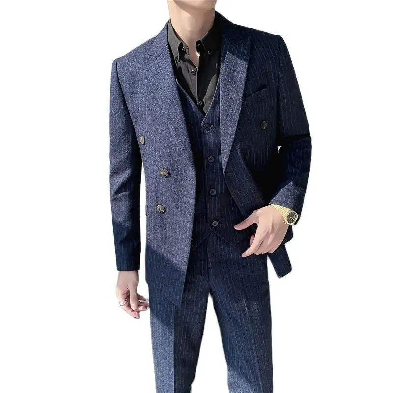

Large Size Foreign Trade S-5XL (suit + Vest + Trousers) Double-breasted Stripes Three-piece Suit England Leisure Business Suit