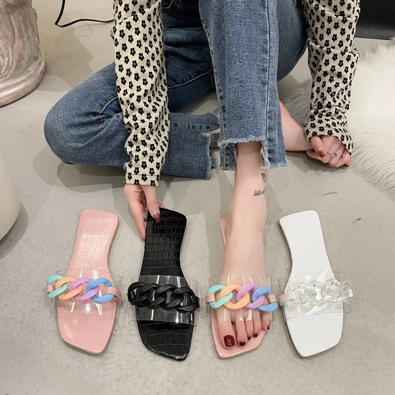

Flat slippers women's new summer transparent chain flip-flops square head beach cool slippers