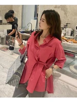 spring korean loose irregular long sleeved women casual shirts pink blue fashion with pockets