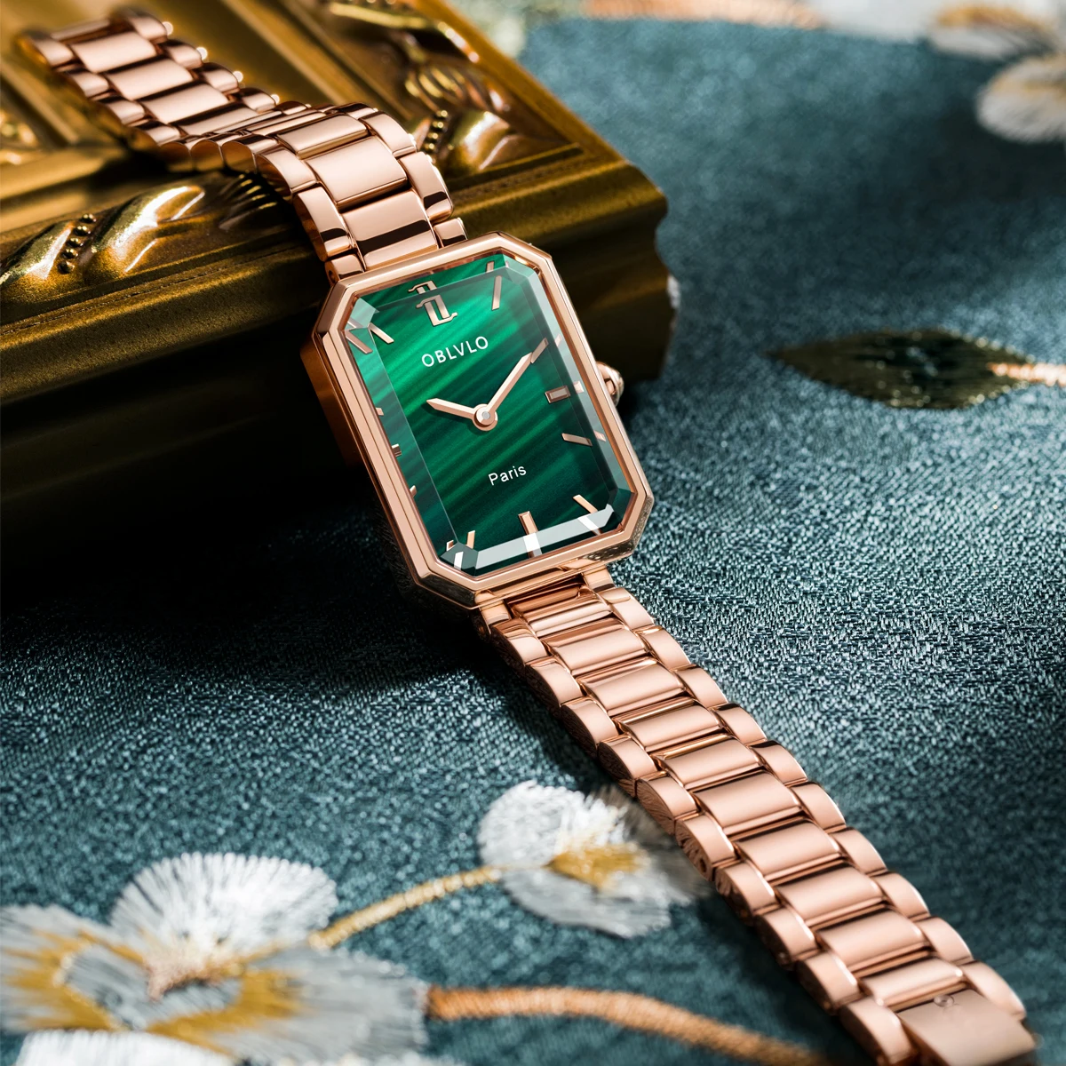 OBLVLO Luxury Green Quartz Watch for Women Malachite Stainless Steel Strap Sapphire Waterproof Exquisite Rectangle Clock 27mm LW enlarge