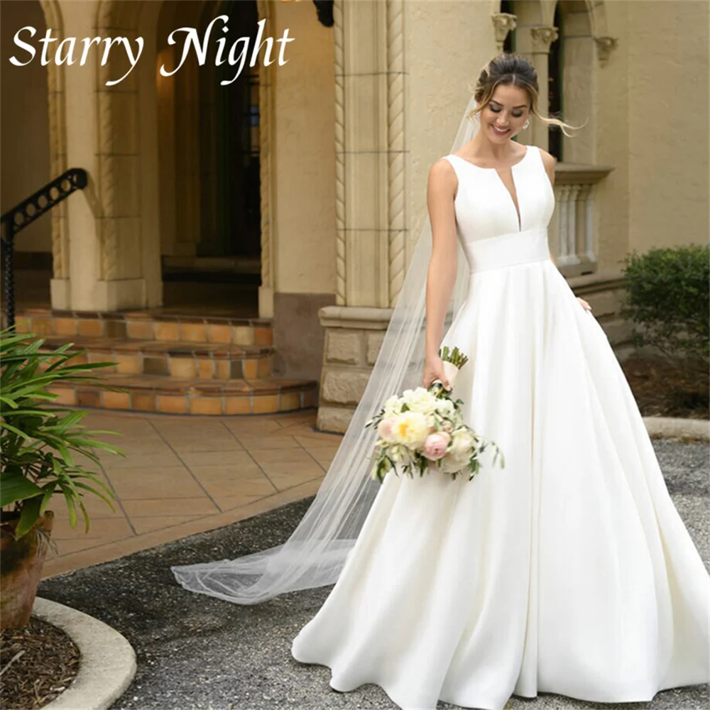 

Classic A Line Satin Wedding Dress Scoop Neck Tank Sleeves Wedding Gown Button Backless Dress For Women 2022 свадебное платье