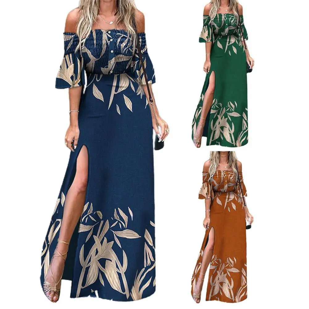 

Maxi Dress Off Shoulder Large Hem Women Slim Dress Slim Dress Elegant High Split Ruched Slim Dress for Daily Wear