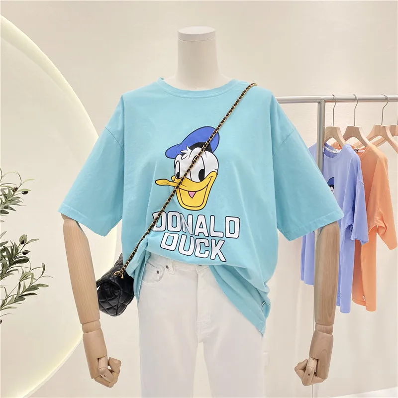 

Disney Cartoon Donald Duck Cute Kawaii Blue White T-shirts Cotton Ladies Summer 2022 Short Sleeve Loose Tshirts for Women Tops