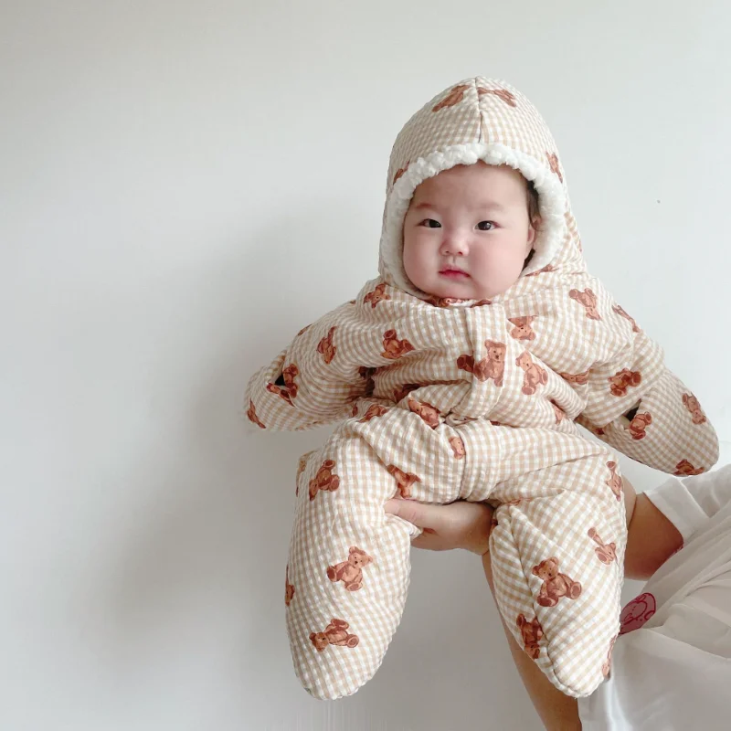 

HoneyCherry Newborn Baby Sleeping Bag Plaid Bear Cartoon Thickened Cotton Baby Sleeping Bag Out Warm Baby Clothes