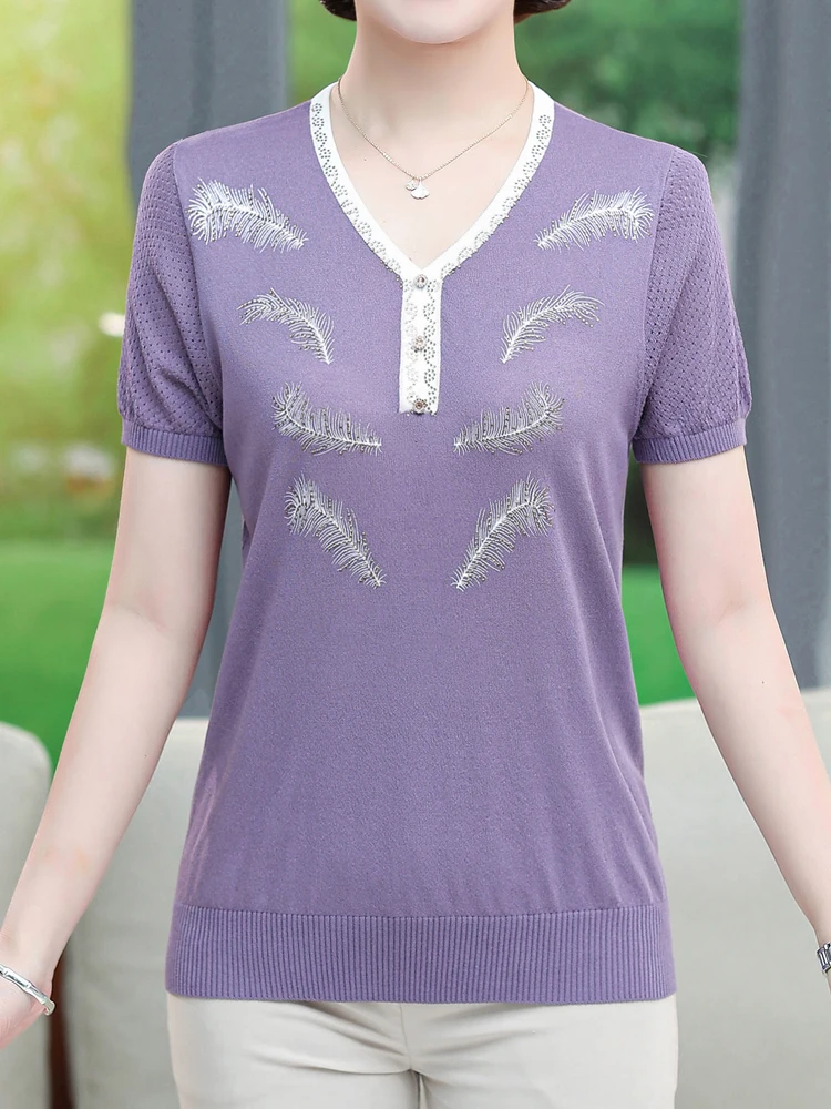 

Short Sleeve Women Sweater Summer Pullovers T-shirts Harajuku Jumper Tops Causal Thin Knitted Print Mother T Shirt