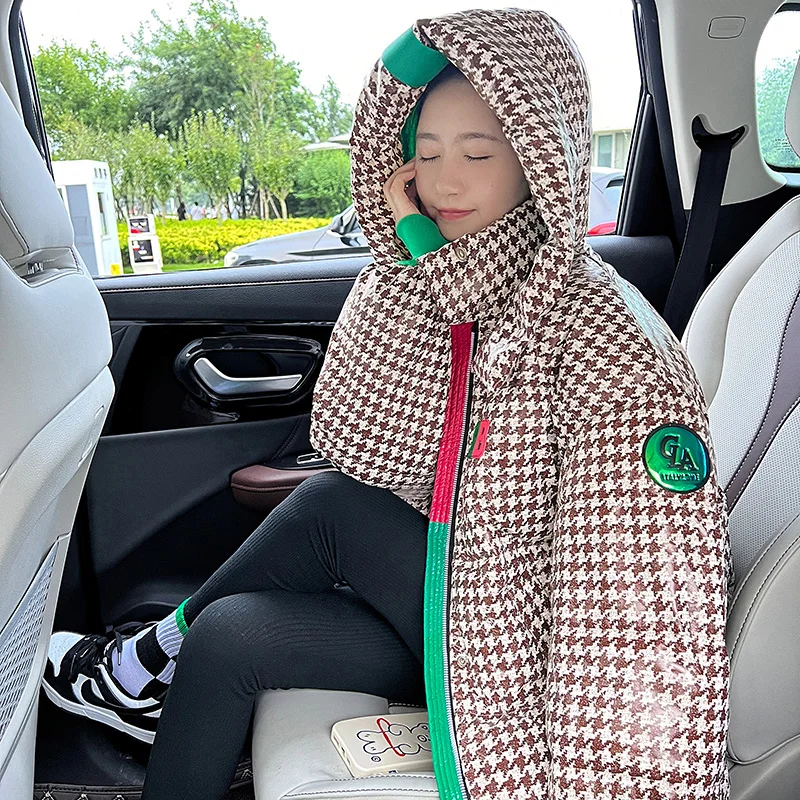 Women Black Plaid Down Jacket Winter Fashion Contrasting Colors Short Windproof Warm Thicken Coat Hooded Puffer Outwear Tops