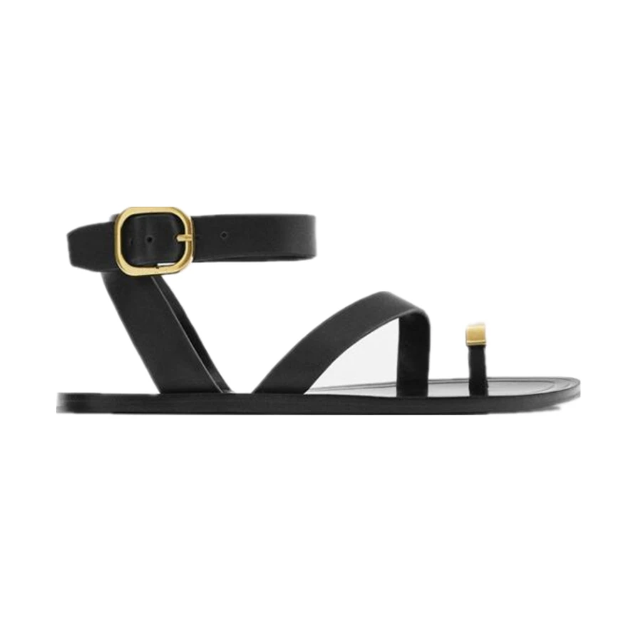 Dave&Di French Blogger Retro Leather Roman Metal Buckle Sandals Fashion Flat Sandals Women For Summer