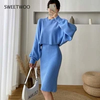 fall winter long sleeve korean knitted top sweater elegant sling dress women clothes vestido 2 pieces set