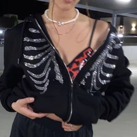 black skeleton women hoodies y2k rhinestone retro sweatshirts casual female zip up oversized jacket streetwear harajuku hooded
