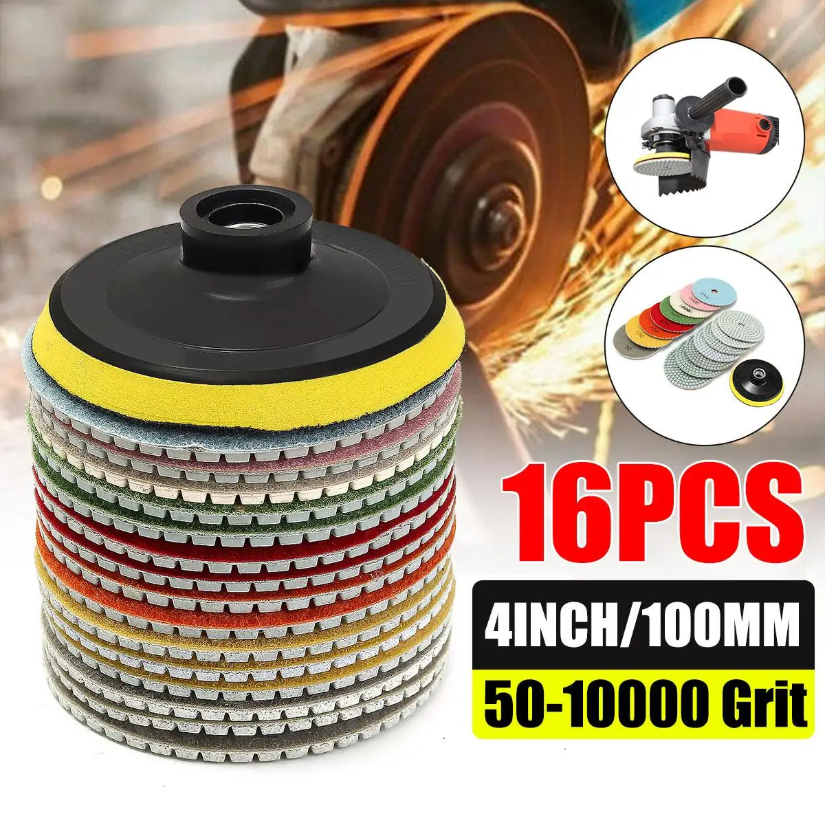 16Pcs 4'' 100mm Diamond Polishing Pads for Granite Stone Concrete Marble Polishing Wet/Dry Use Grinding Discs Kit
