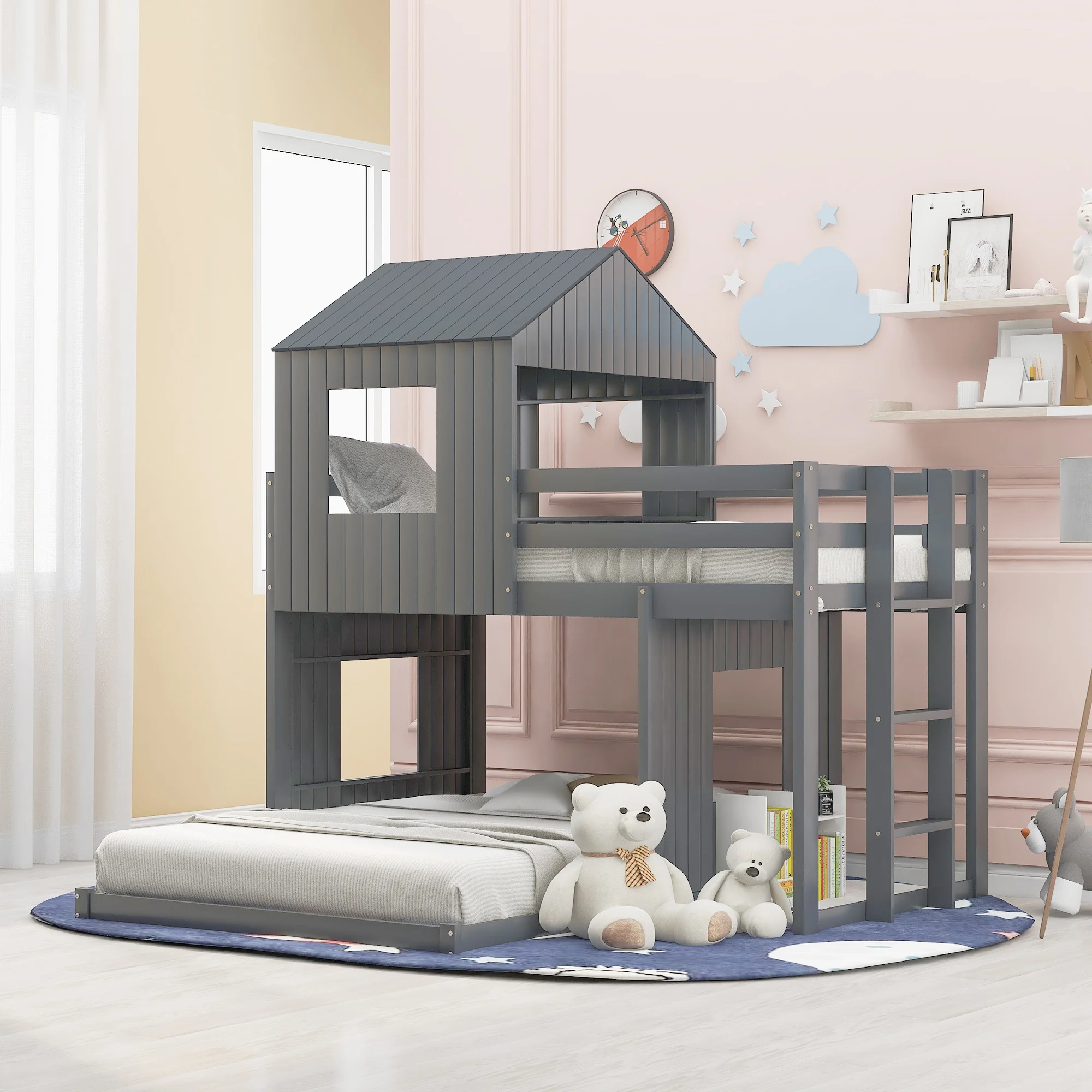 

Home Modern Bedroom Furniture Wooden Twin Over Full Bunk Bed Loft Bed With Playhouse Farmhouse Ladder And Guardrail Gray