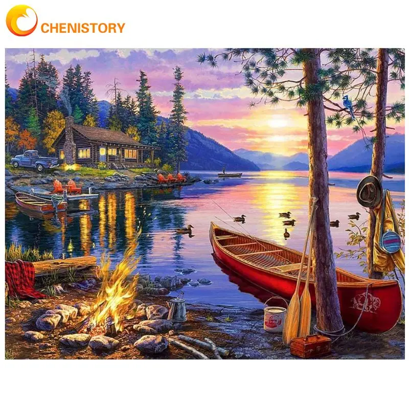 

CHENISTORY Full Diamond Embroidery House Bonfire Landscape 5d Diamond Painting Cross Stitch Picture Of Rhinestones Home Decor