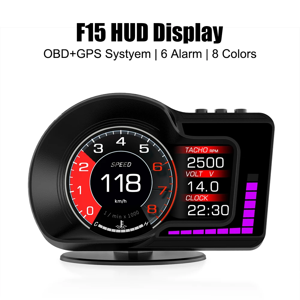 

Автомобильный индикатор OBD GPS Dual System RPM Датчик HUD ускоренное тестирование F15 8 цветов Спидометр милометр 6 функций сигнализации