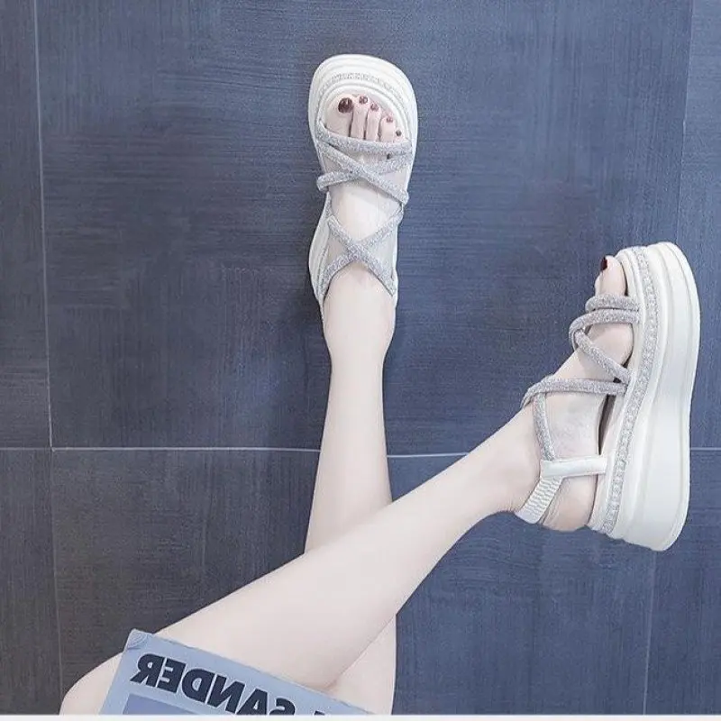 Rhinestone Sandals 2023 Summer Clear Heels Female Shoe Med Mid-Calf Strap Girls Medium Beige New Comfort Gladiator Beach Fashion