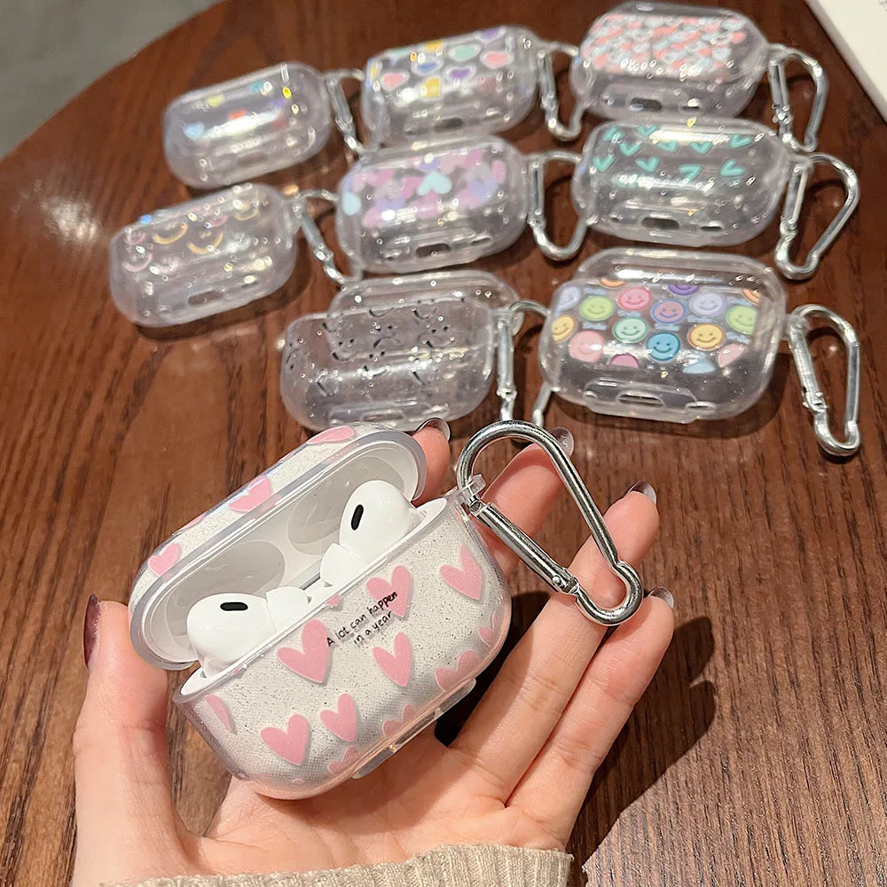 

Чехол для наушников AirPods Pro 2, яркий чехол с блестящими сердцами и любовью, чехол для Air Pods 2, 3, прозрачный мягкий чехол из ТПУ с крючком