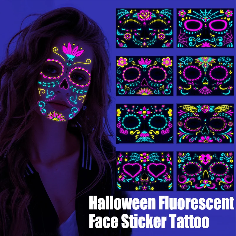 

Одноразовые временные тату-наклейки на Хэллоуин, флуоресцентные украшения, реквизит, лицо, боди-арт, водонепроницаемые праздничные тату-на...
