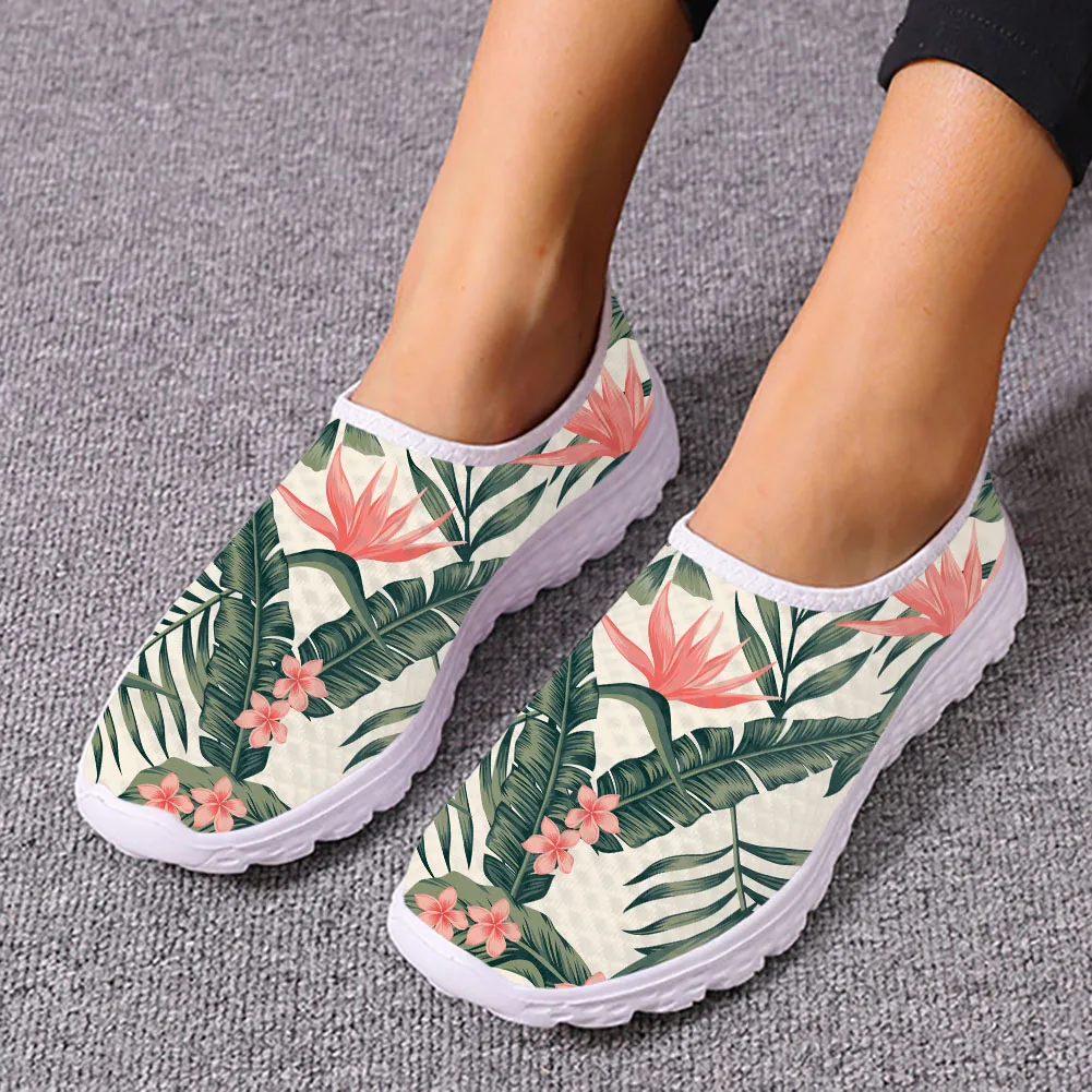 

Tropical Plants Flowers Pattern Ladies Spring Autumn Round Toe Mesh Shock Absorbing Running Shoes Cozy Breathable Soft Sneakers