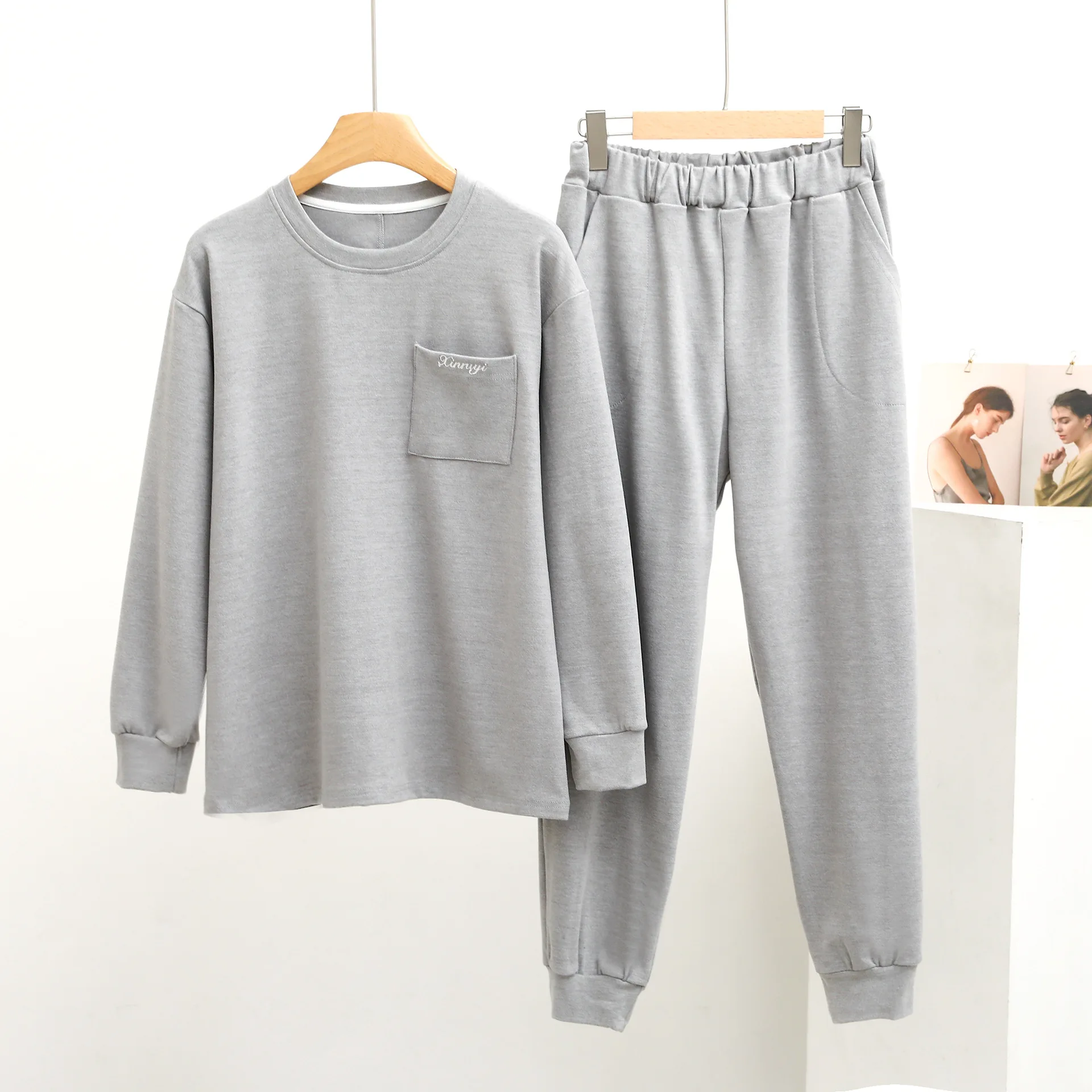 Women Loungewear Sweatshirt Pants Suit Autumn/Winter Symphony Flat Develvet Round Neck Long Sleeve Pocket Home Wear Thick Casual