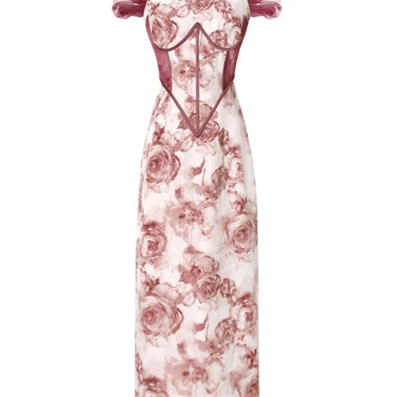 Women Chinese Traditional Cheongsam Qipao Floral Style Vintage Off Shoulder Slit Long Dresses Party Performance Dance Robe