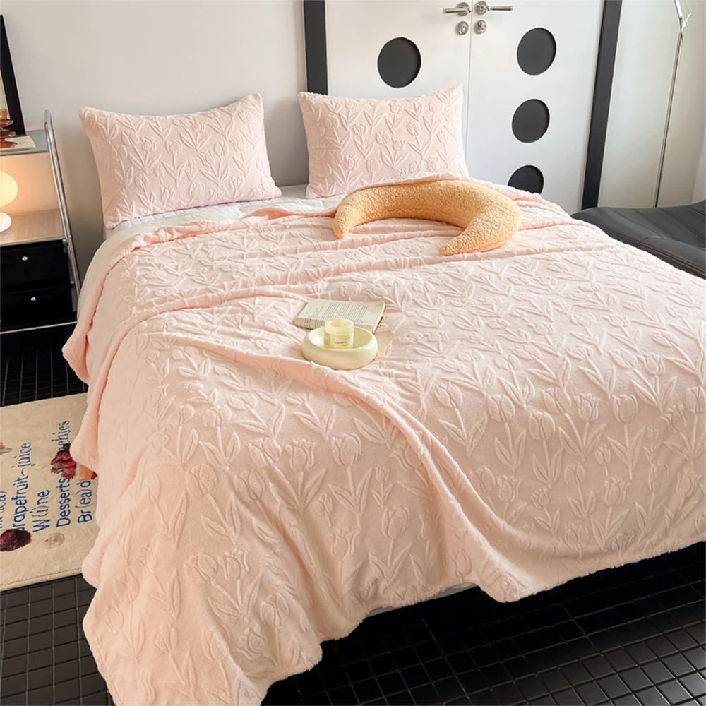 Женское жаккардовое одеяло с розовым тюльпаном мягкое теплое удобное Флисовое