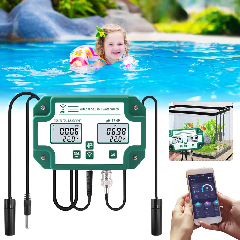 

6-in-1 Water Quality Tester with App PH/TDS/EC/SG/Salt/Temp Meter Digital WiFi Water Quality Tester for Drinking Water Aquarium