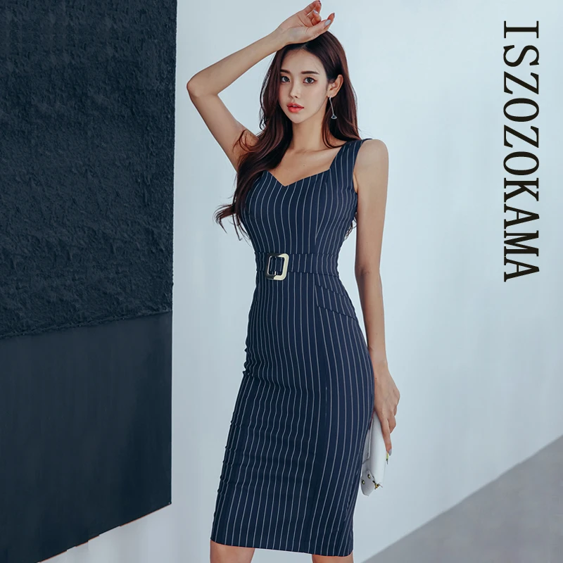 

ISZOZOKAMA Полосатое строгое облегающее платье, корейское летнее женское платье без рукавов, бордовые вечерние сексуальные платья для женщин