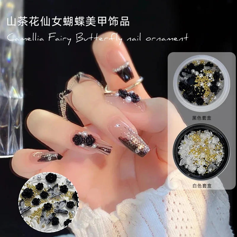 

3D INS Wind Camellia Pearl Resin Craftwork White Moon Star Heart Bow Nail Polish Gel Decor Manicure Made Card Nail Accessories