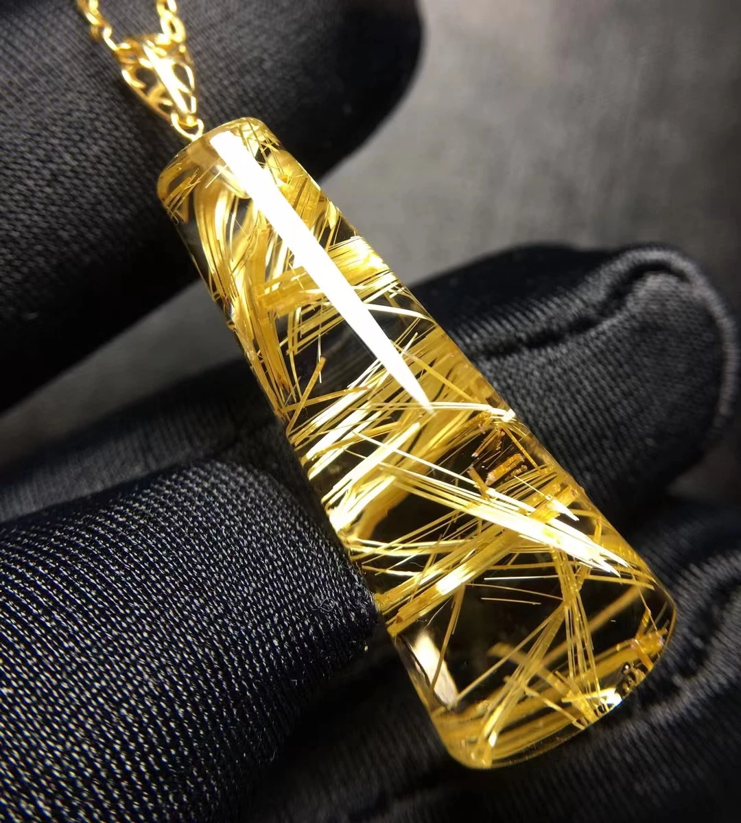 

Natural Gold Rutilated Quartz Rectangle Pendant Yellow Rutilated Quartz 30*12mm Jewelry Women Brazil AAAAAAA
