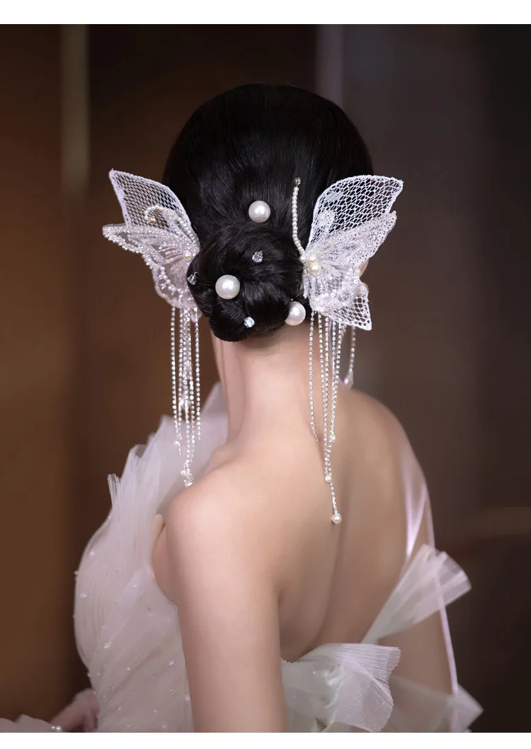 

White Lace Butterfly Hair Clip Hair Accessories Diamond Pearl Wedding Headpiece For Bride