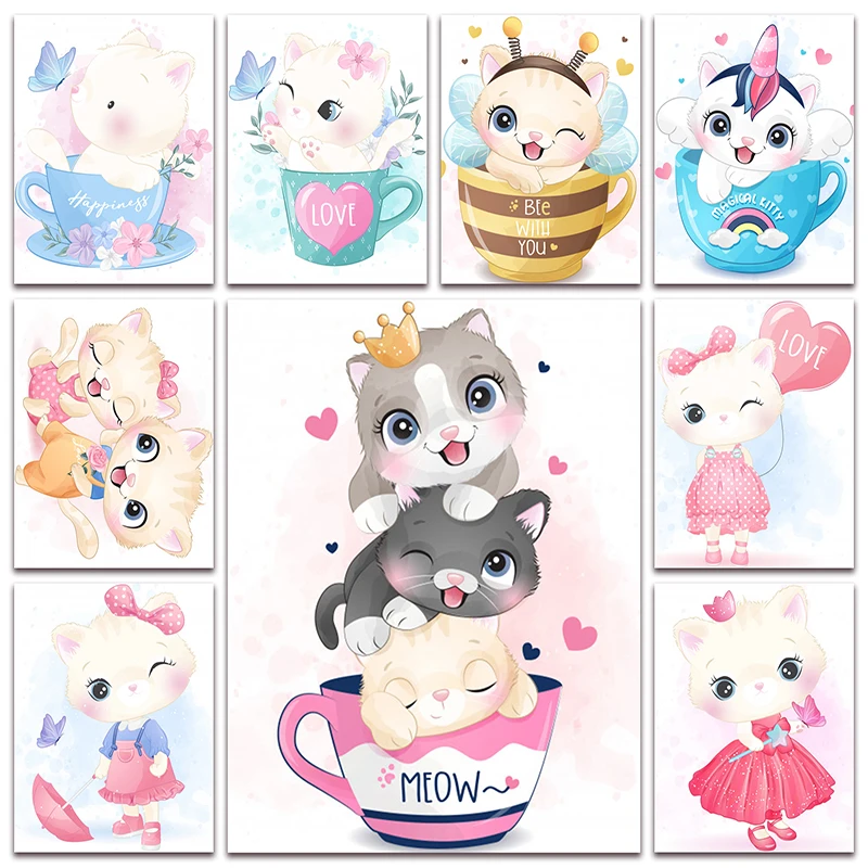 

New Full Diamond painting mosaic embroidery Cup Cat Kitten Bee Balloon Cartoon Unicorn Cute Love Butterfly Cross stitch S096