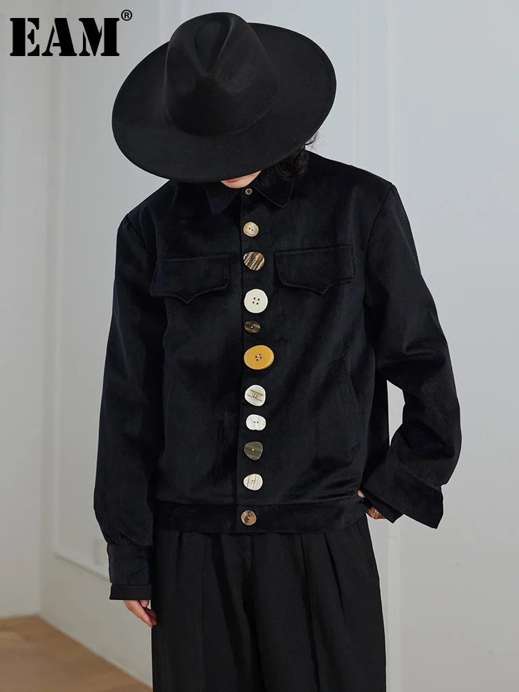 

[EAM] Loose Fit Black Colorful Button Corduroy Jacket New Lapel Long Sleeve Women Coat Fashion Tide Spring Autumn 2023 1DF3660
