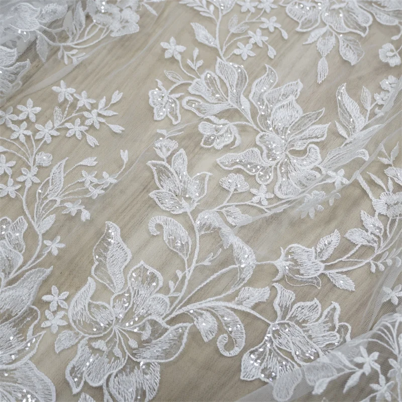 Кружевная ткань 1 ярд цвета слоновой кости с блестками и лепестками сетчатая