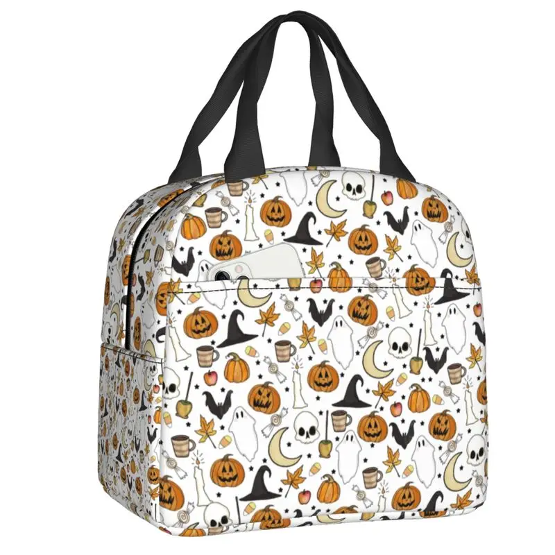 

Индивидуальная сумка для ланча с изображением тыквы на Хэллоуин, призрака, мужской термальный охладитель, изолированный Ланч-бокс для дете...