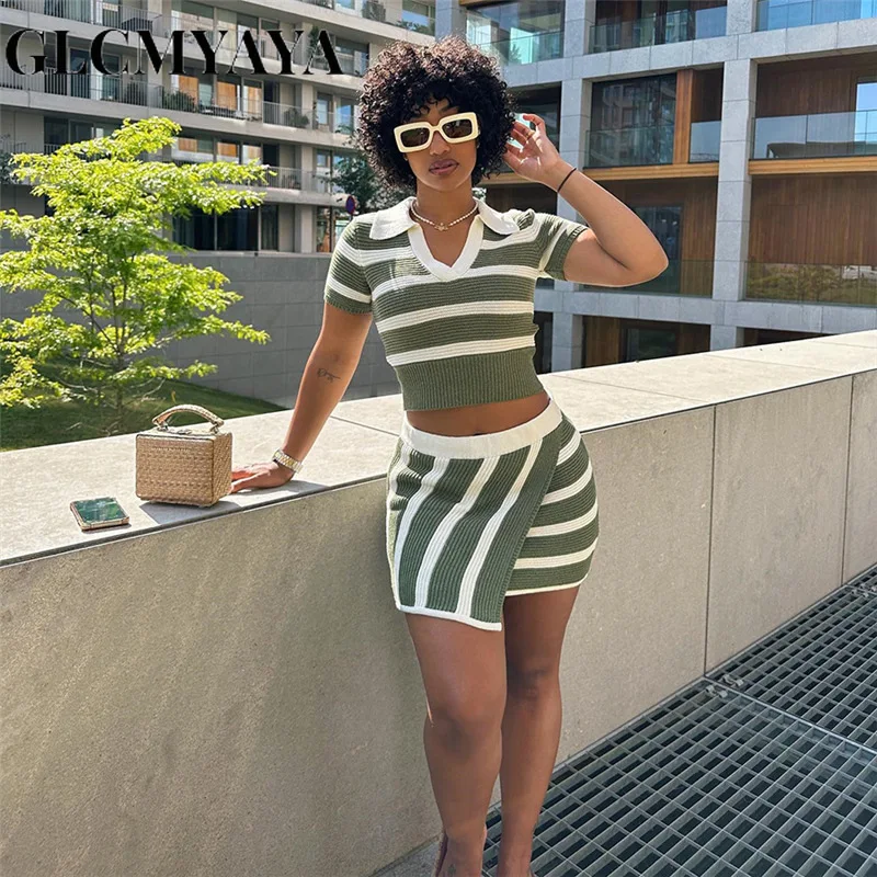 

GLCMYAYA Women Casual Turn-down Collar Knitting Short Tee Tops Dress Sets 2023 Sexy Striped Color Match Skirts Set 2 Piece Set