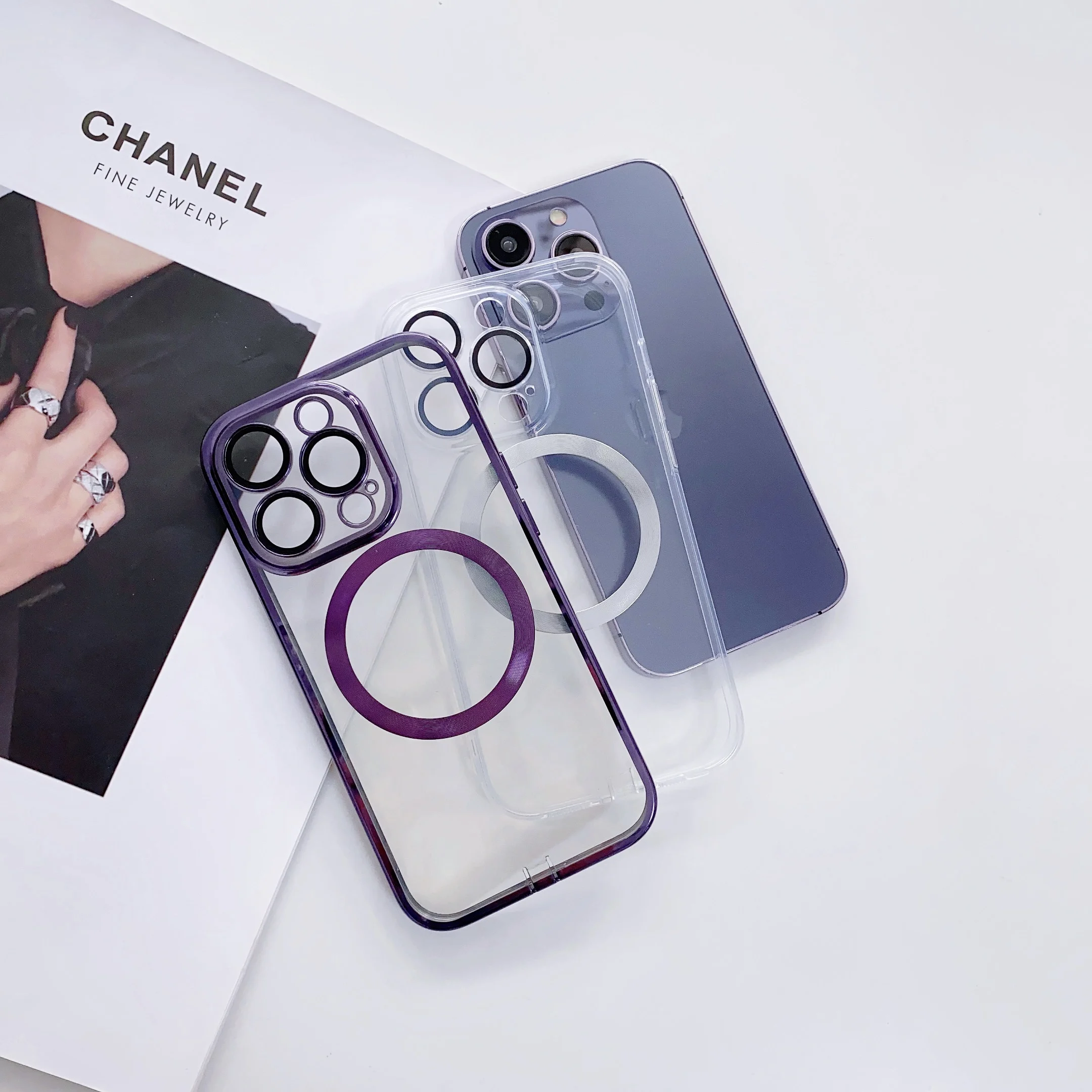 

Transparent Soft Silicone Magsafe Magnetic Wireless Charger Case for iPhone14 Max 13 12 ProMax Electroplate Cover With Dust Plug