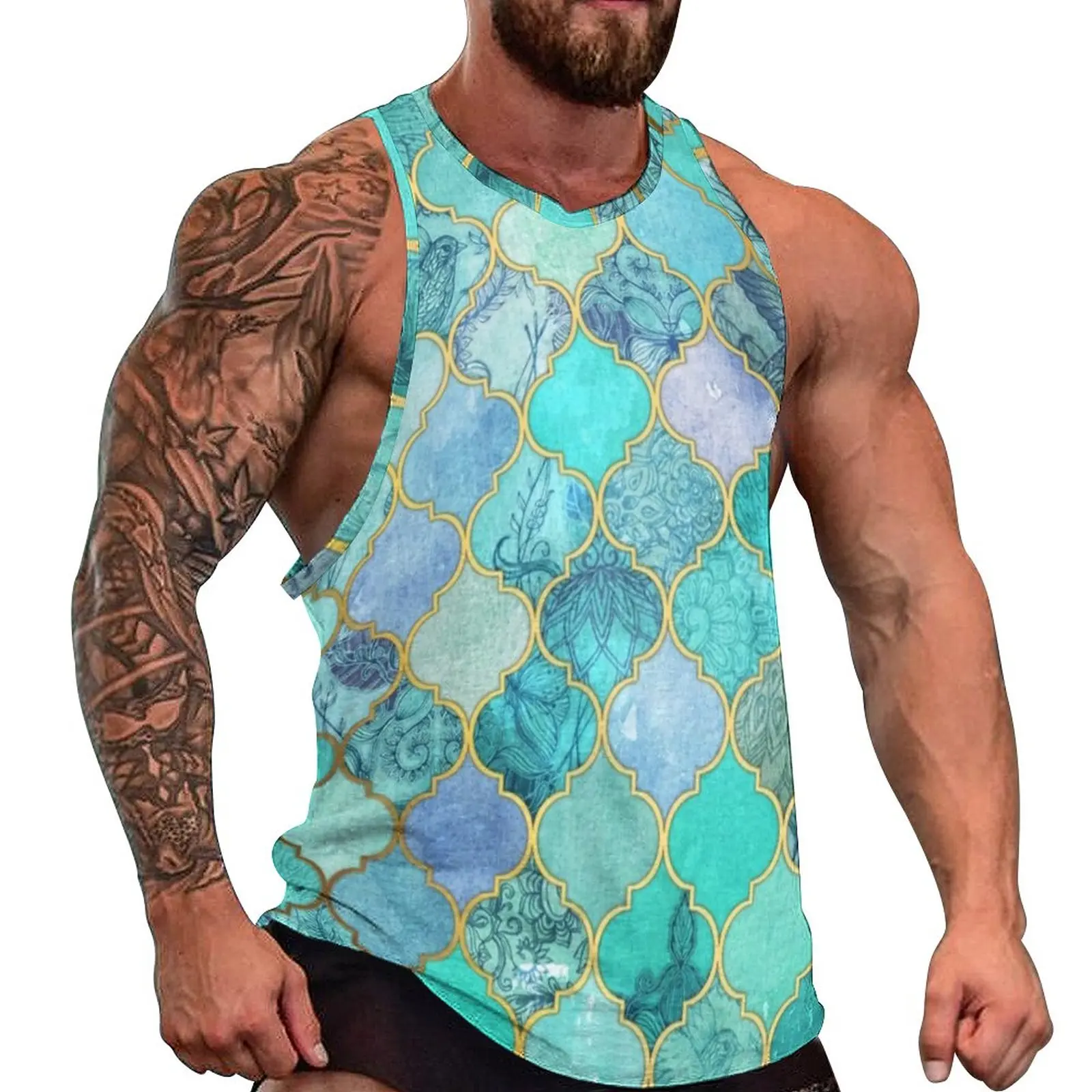 

Watercolor Baroque Tank Top Mens Metallic Print Tops Beach Design Gym Sportswear Oversized Sleeveless Shirts
