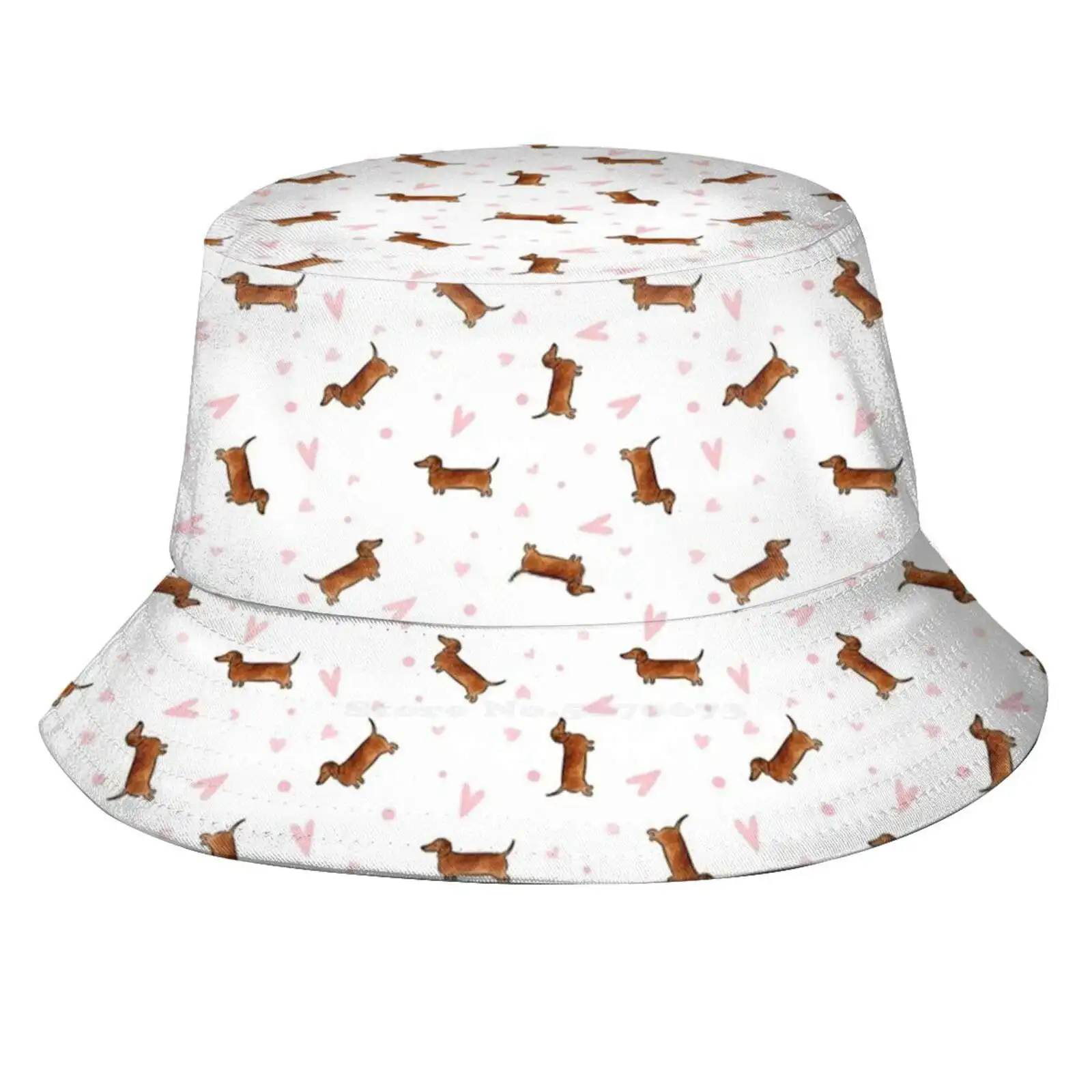 

Dachshund Pattern-White Foldable Panama Bucket Hat Cap Dogs Canine Dachshund Doxie Sausage Wiener Pattern Hearts White Pink