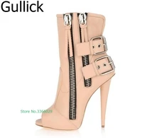 autumn top selling solid color black peep toe double zipper spike heel booties buckle strap dress women shoes free shipping