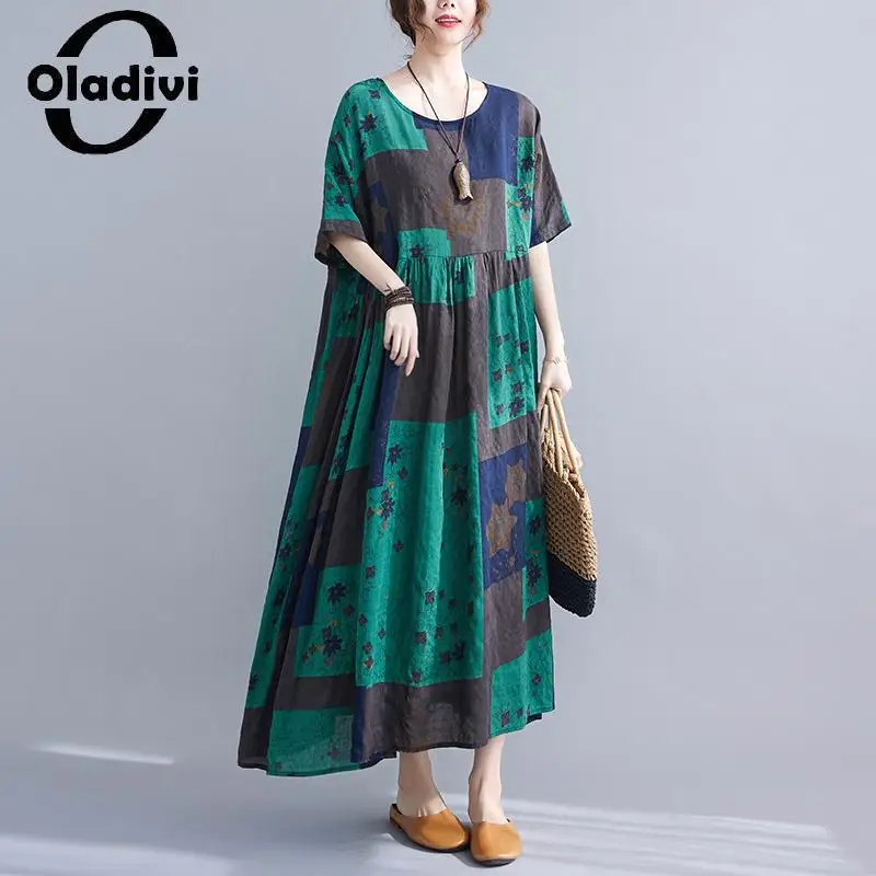 

Oladivi Fashion Print Women Bohemian Beach Dress 2023 Summer New Short Sleeve Long Dresses Ladies Oversized Tunic Robe 8XL 8080