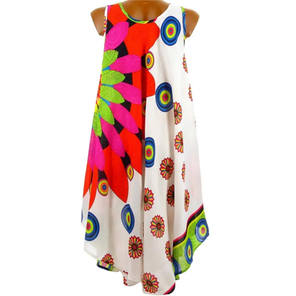 New Casual Summer Women Round Neck Sleeveless Sunflower Print Loose Irregular Dress