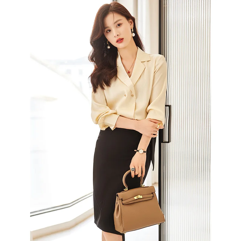 

Fashion Women Shirts & Blouse Long Sleeve Office Ladies Work Uniform 2 Piece Skirt and Tops Sets OL Style Apricot