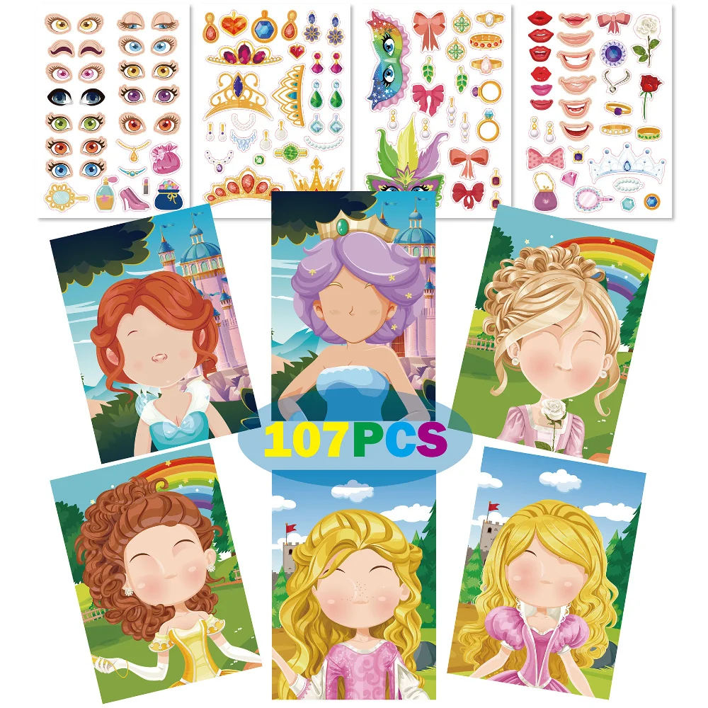 

Funny Princess Stickers Reusable Puzzle Sticker Toys For Children Girls Gifts DIY Eyes Lips Crown Sticky Dress Up Toys Gift