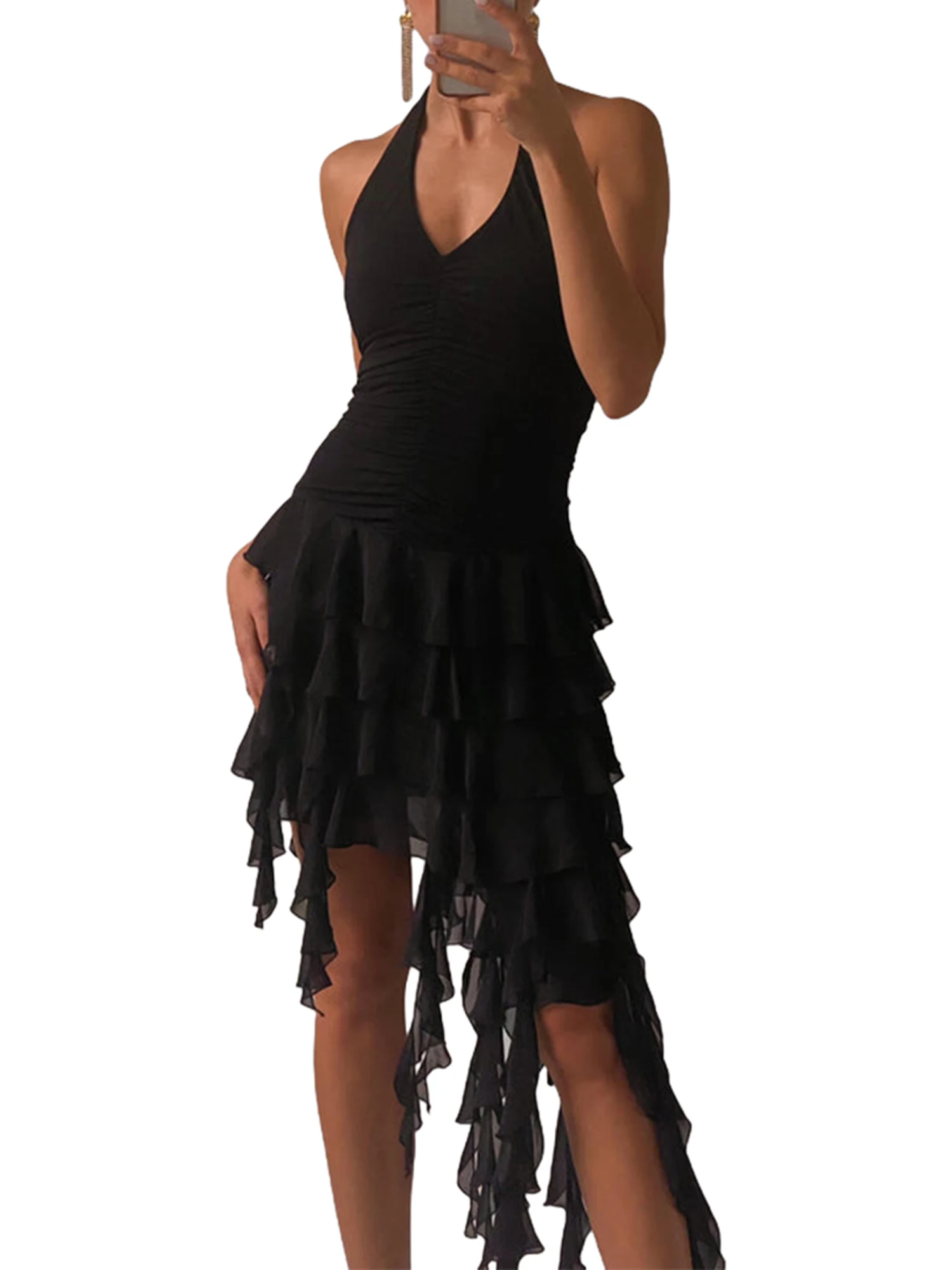 Женское мини-платье с рюшами и кисточками, с лямкой на шее
