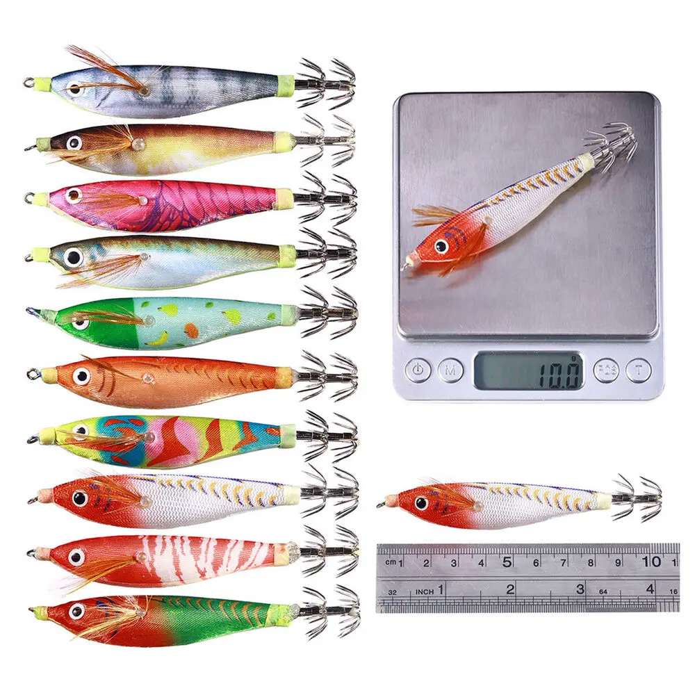 

10Pcs/Set Fishing Lure Sharp Luminous Wood Shrimp Octopus Artificial Bait Shrimp Squid Fish Barbed Hook for Fishing Lovers