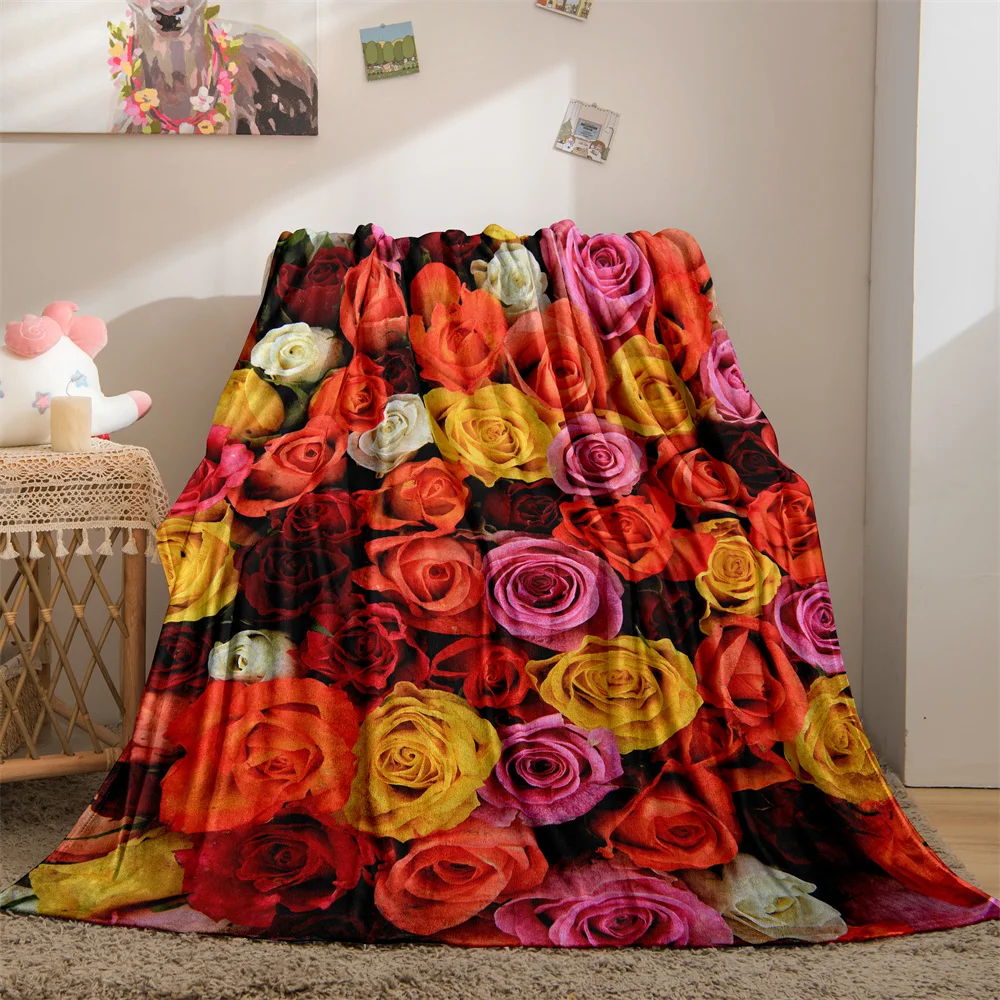 

Rose Flower Print Blanket Throw Blankets Super Soft Family Car and Sofa Blanket on The Bed Throws Summer Office Queen Size Quilt